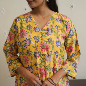  Yellow Block Print Cotton Straight Sanganeri Kurta 