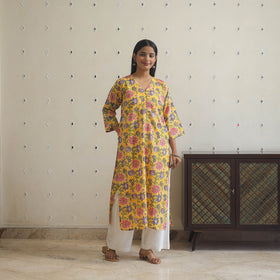  Yellow Block Print Cotton Straight Sanganeri Kurta 