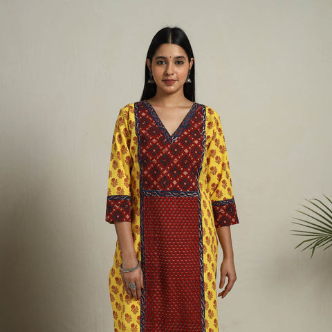 Yellow Block Print Mosaic Fusion Straight Mangalagiri Cotton Kurta