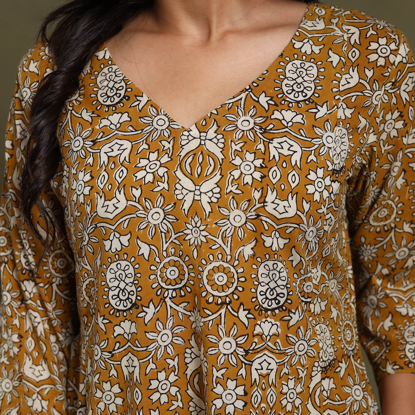 Yellow Block Print Natural Dyed Cotton A-Line Bagru Kurta