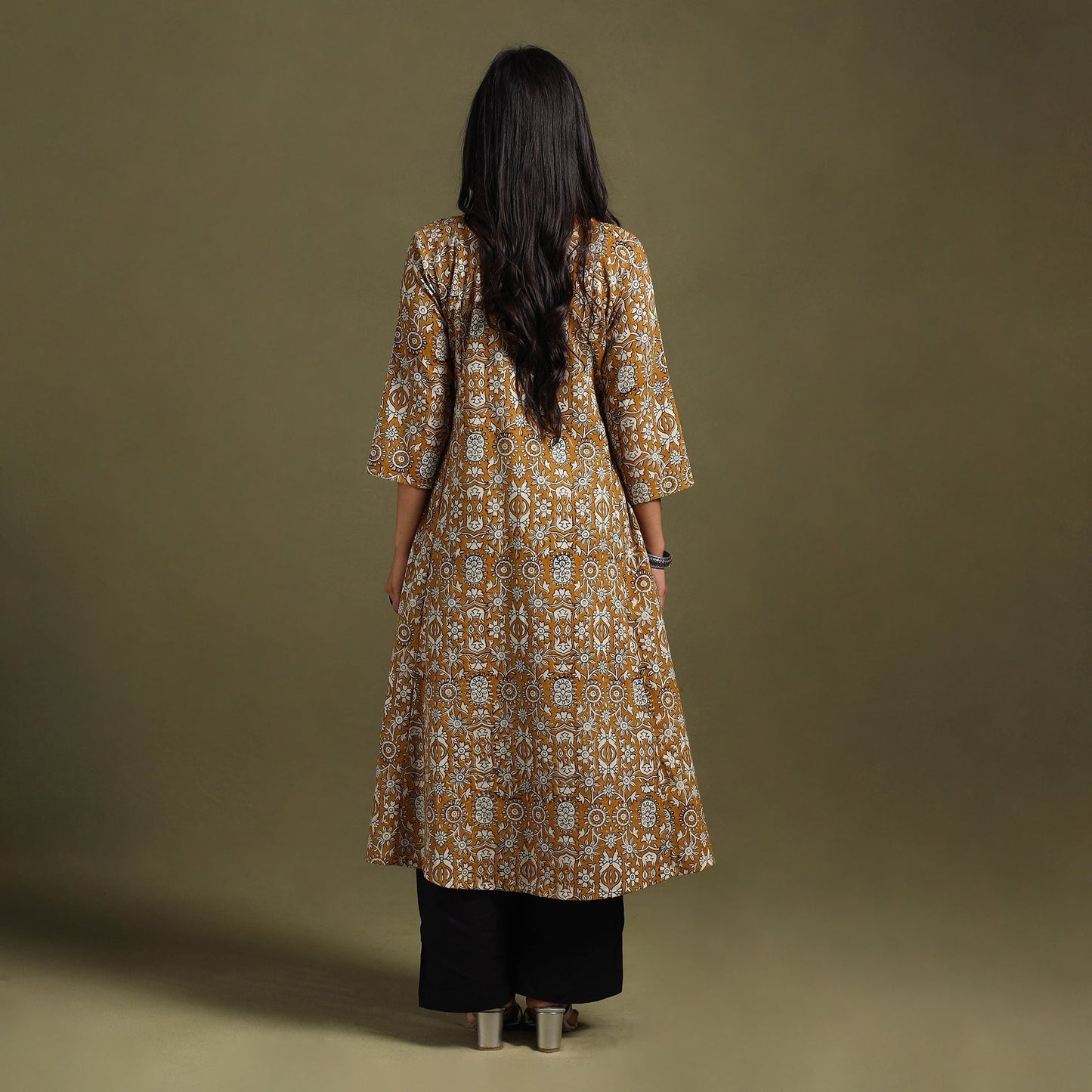 Yellow Block Print Natural Dyed Cotton A-Line Bagru Kurta