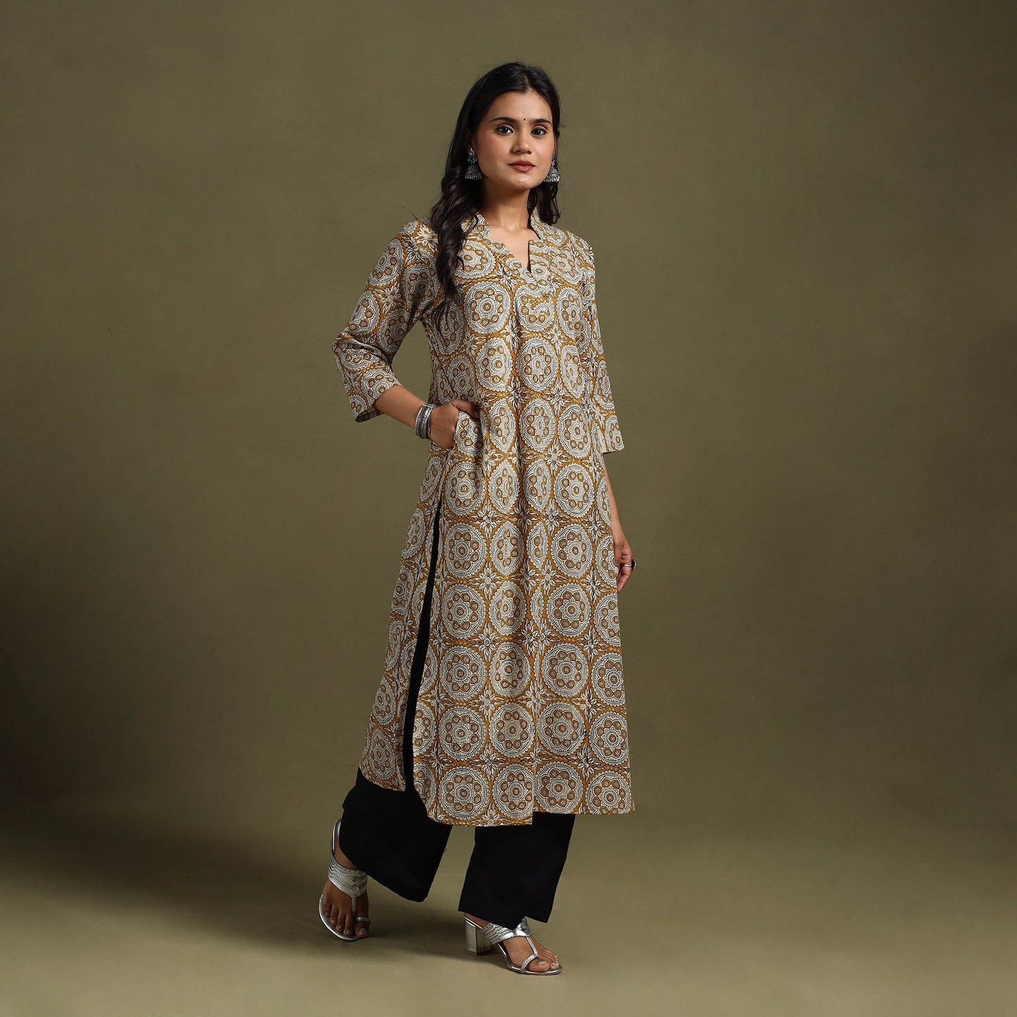 Yellow Block Print Natural Dyed Cotton Straight Bagru Kurta