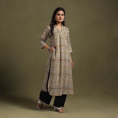Yellow Block Print Natural Dyed Cotton Straight Bagru Kurta