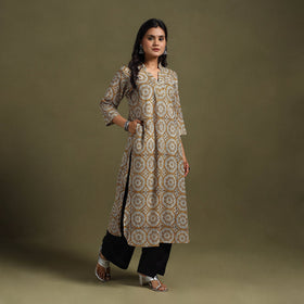 Yellow Block Print Natural Dyed Cotton Straight Bagru Kurta