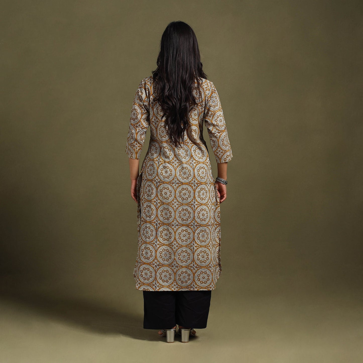 Yellow Block Print Natural Dyed Cotton Straight Bagru Kurta