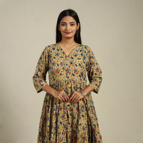 Yellow Block Print Natural Dyed Cotton Tiered Kalamkari Dress