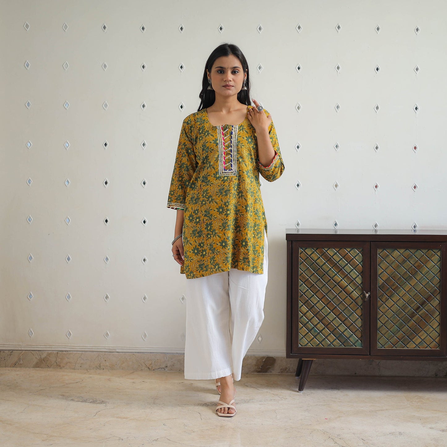 Yellow - block printed cotton gota work short ajrakh kurta