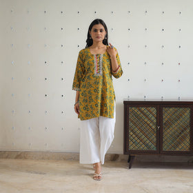 Yellow - block printed cotton gota work short ajrakh kurta