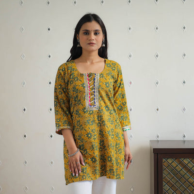 Yellow - block printed cotton gota work short ajrakh kurta