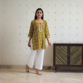 Yellow - block printed cotton gota work short ajrakh kurta