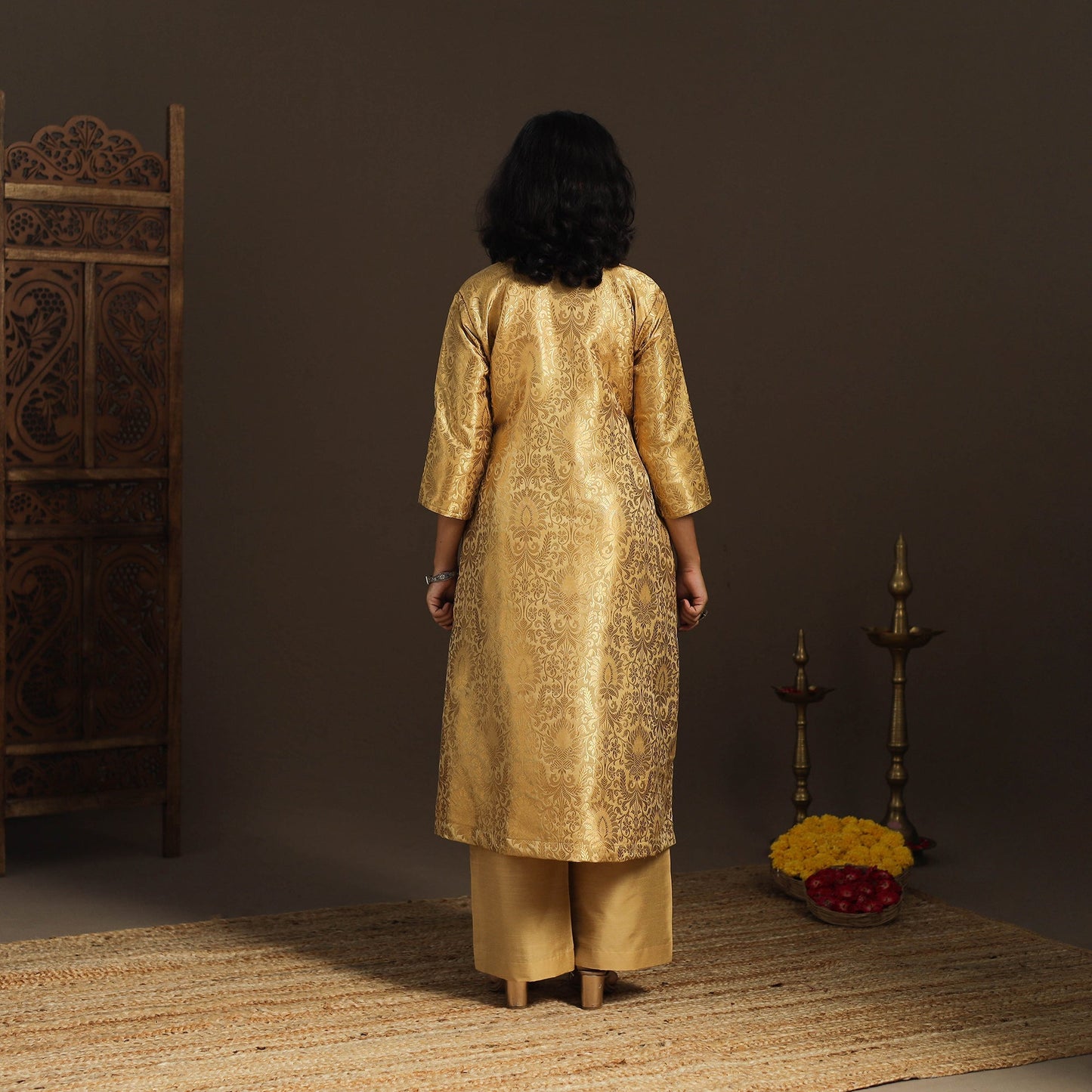 Brown - brocade silk a-line banarasi kurta 01 - handcrafted