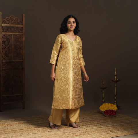 Brown - brocade silk a-line banarasi kurta 01 - handcrafted