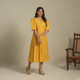 Yellow - button down cotton jacquard dress 05 - handcrafted