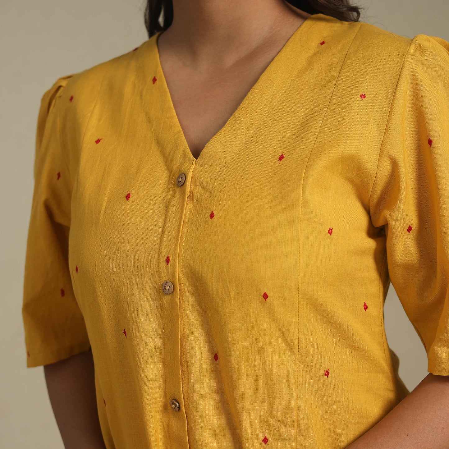 Yellow - button down cotton jacquard dress 05 - handcrafted