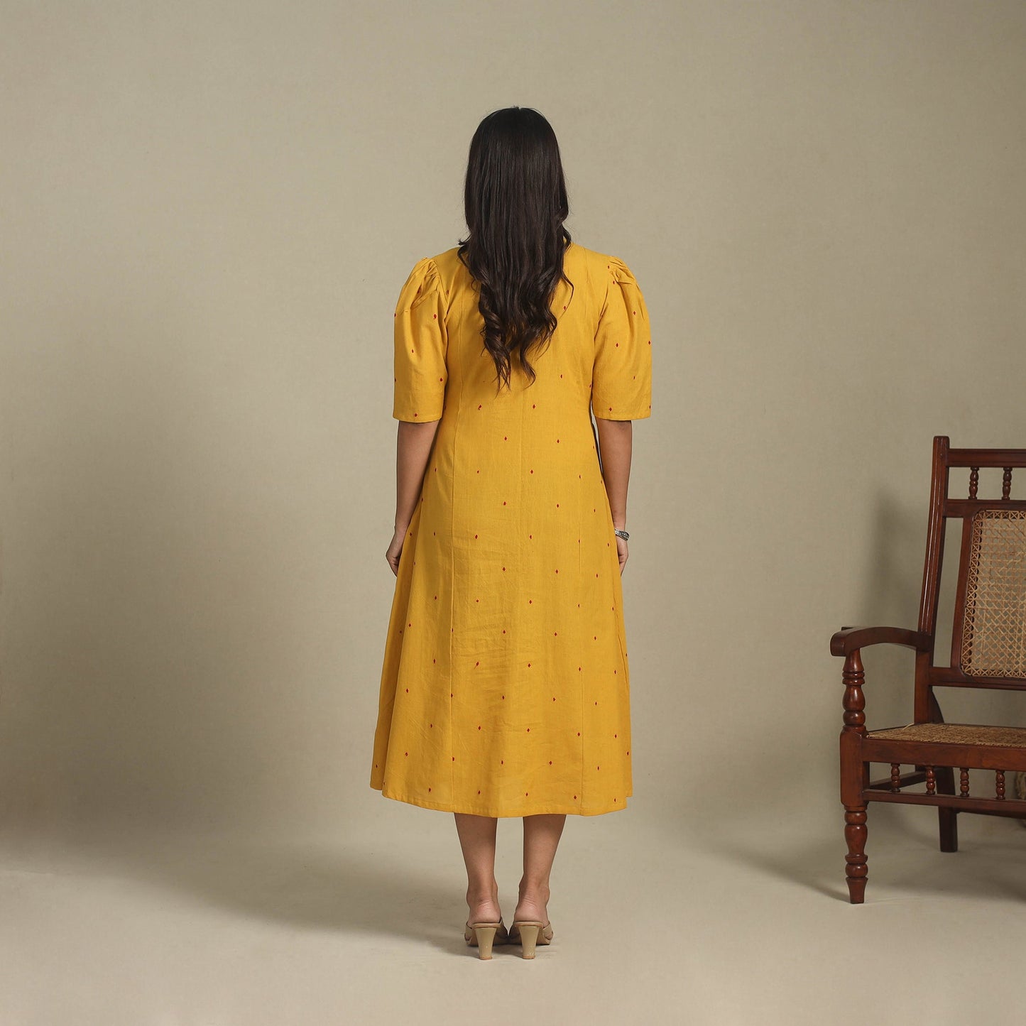 Yellow - button down cotton jacquard dress 05 - handcrafted