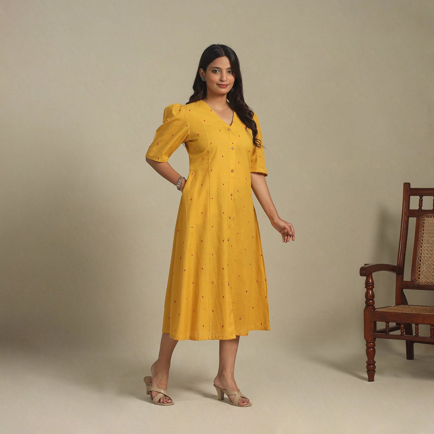 Yellow - button down cotton jacquard dress 05 - handcrafted