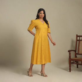 Yellow - button down cotton jacquard dress 05 - handcrafted