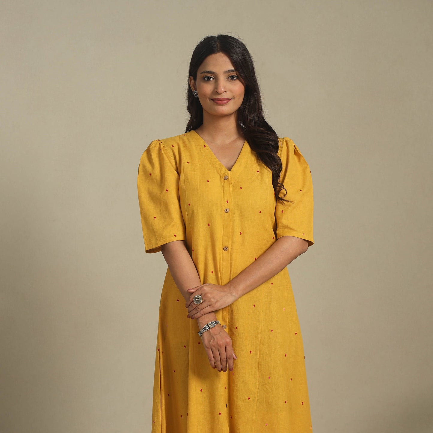 Yellow - button down cotton jacquard dress 05 - handcrafted