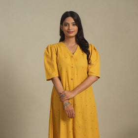 Yellow - button down cotton jacquard dress 05 - handcrafted
