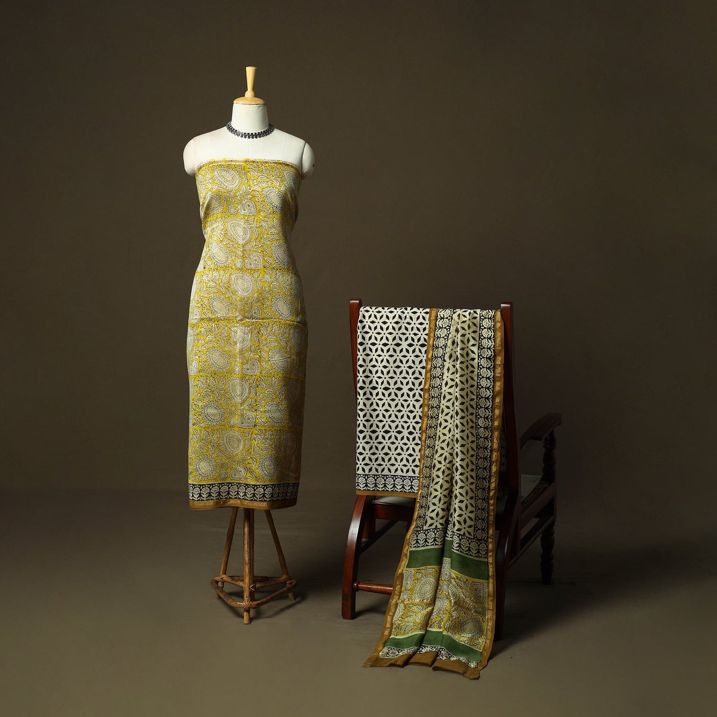 Chanderi silk hand block bagru print 3pc unstitched dress