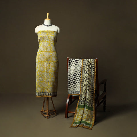 Chanderi silk hand block bagru print 3pc unstitched dress