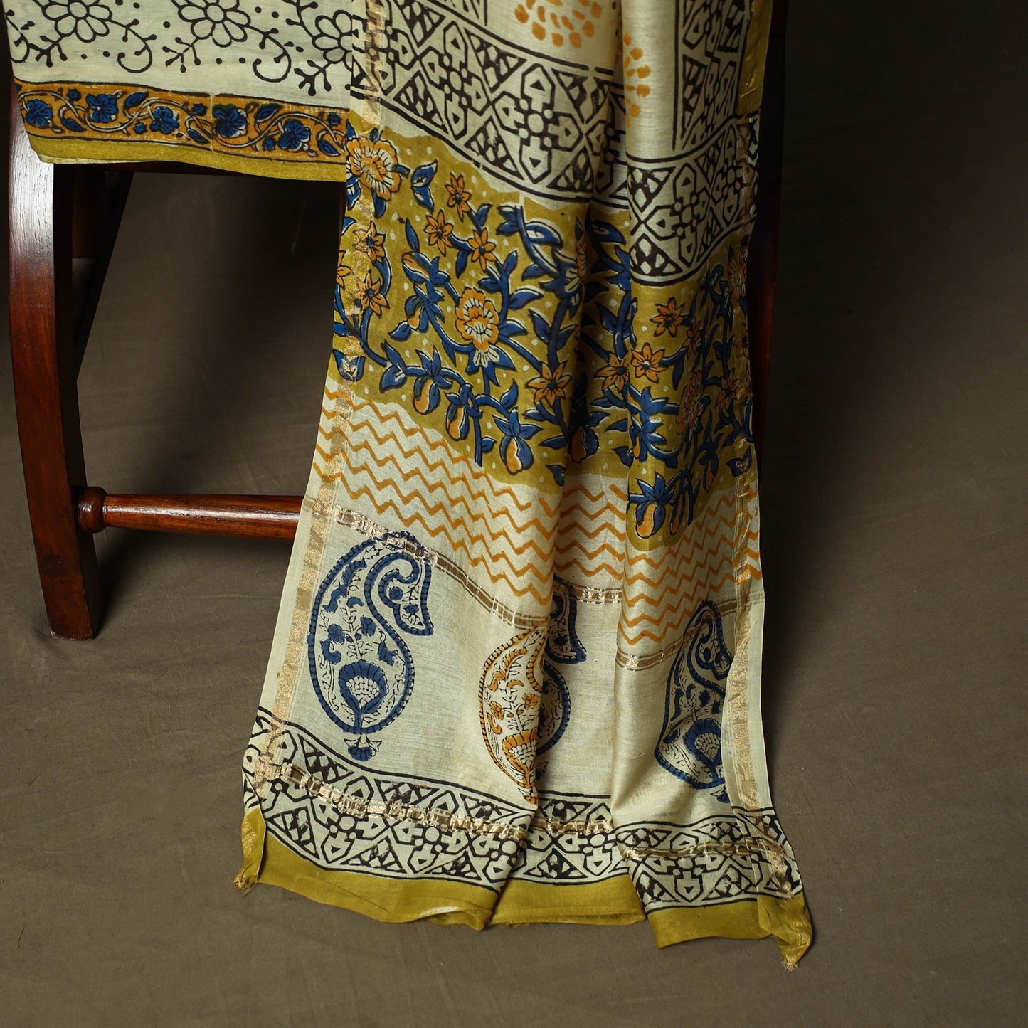 Chanderi silk hand block bagru print 3pc unstitched dress