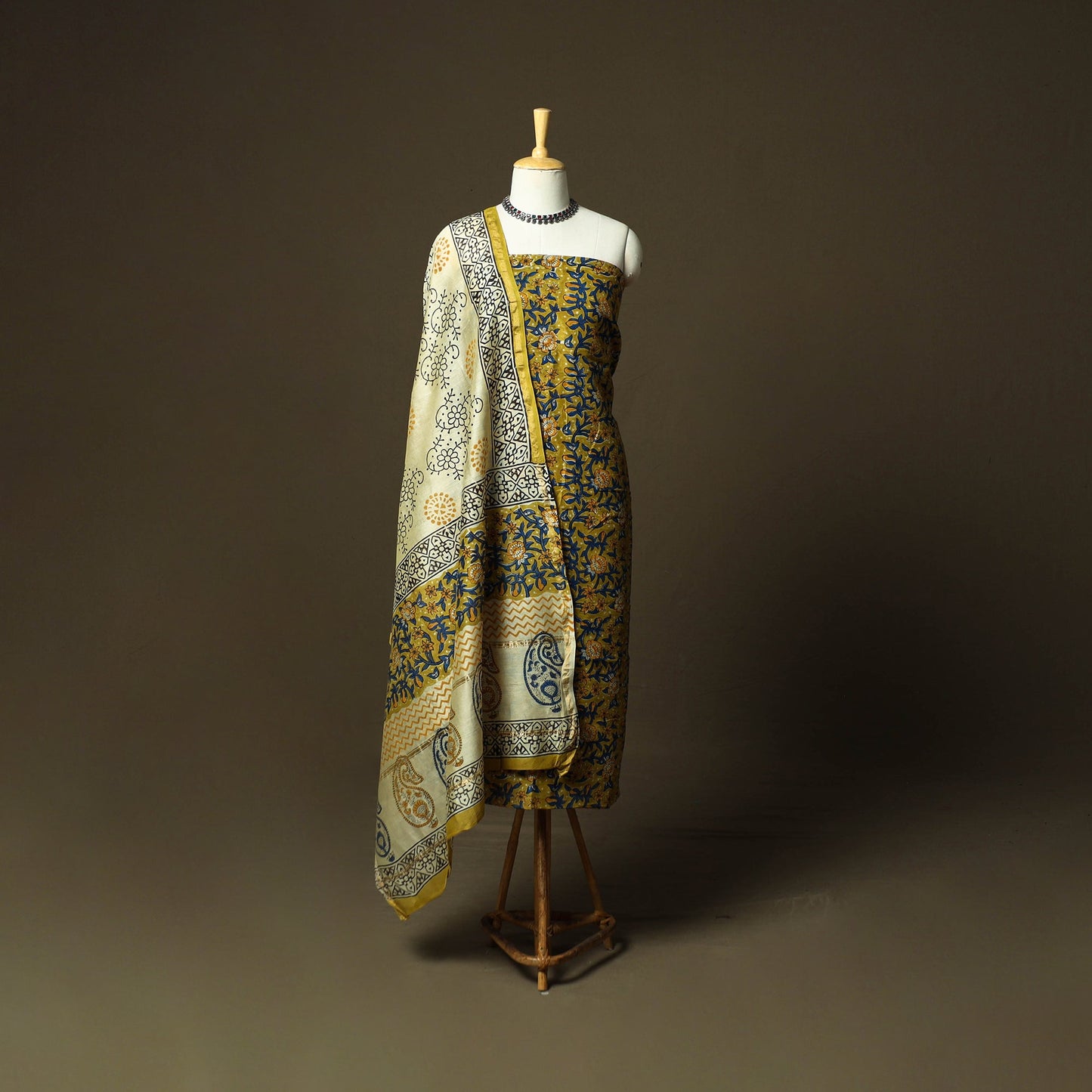 Chanderi silk hand block bagru print 3pc unstitched dress