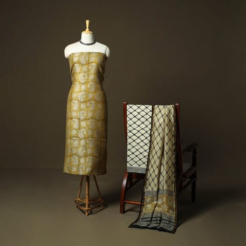 Chanderi silk hand block bagru print 3pc unstitched dress