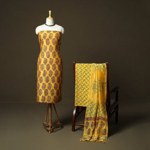 Chanderi silk hand block sanganeri print 3pc unstitched