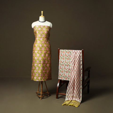Chanderi silk hand block sanganeri print 3pc unstitched