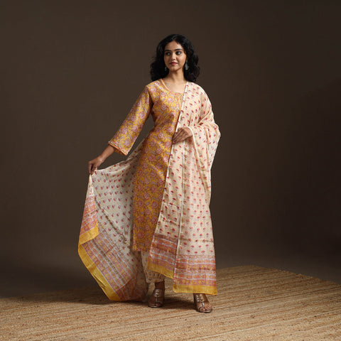 Yellow - chanderi silk hand embroidery sanganeri suit set