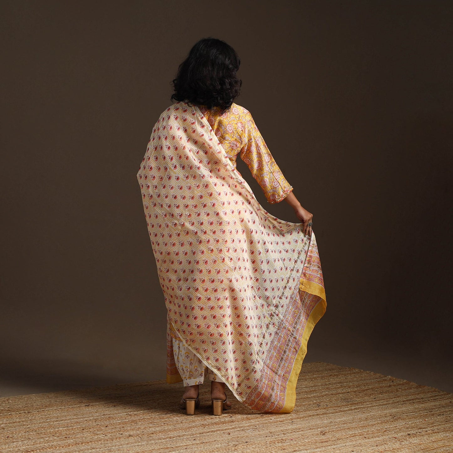 Yellow - chanderi silk hand embroidery sanganeri suit set