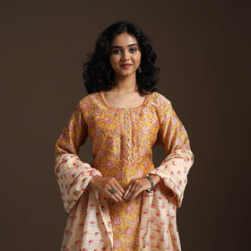 Yellow - chanderi silk hand embroidery sanganeri suit set