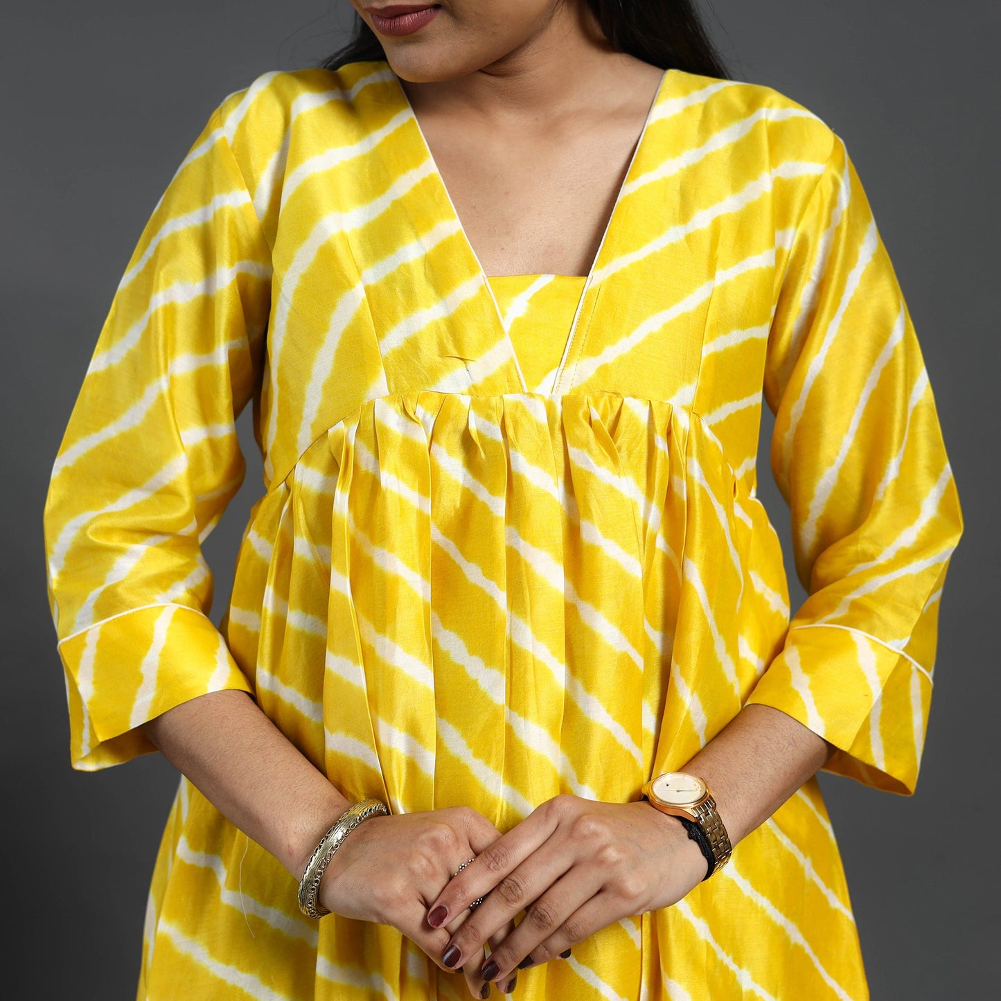  Yellow Chanderi Silk Tie-Dye Flared Leheriya Kurta for Women