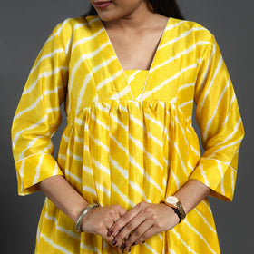 Yellow Chanderi Silk Tie-Dye Flared Leheriya Kurta for Women