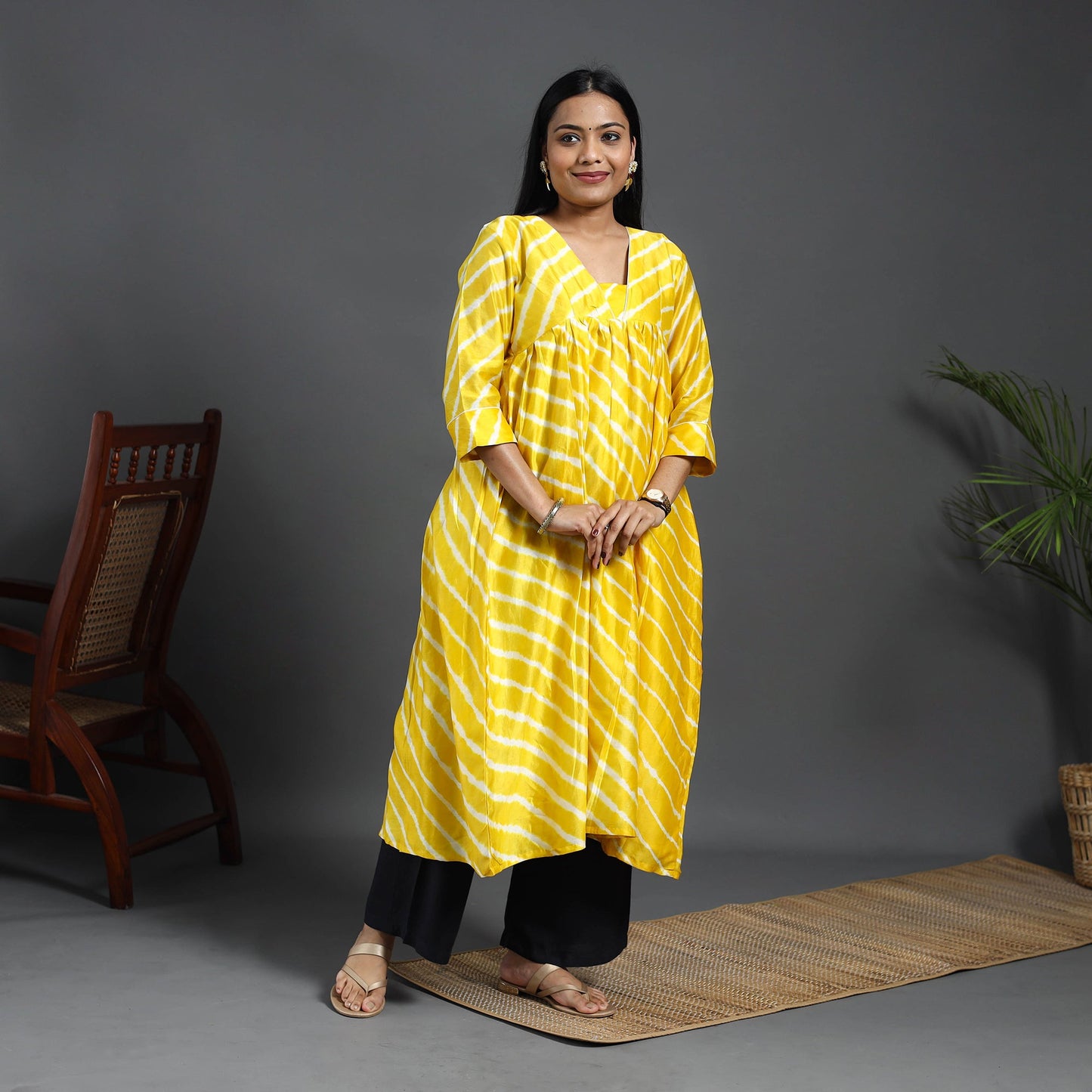  Yellow Chanderi Silk Tie-Dye Flared Leheriya Kurta for Women