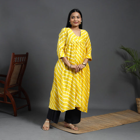  Yellow Chanderi Silk Tie-Dye Flared Leheriya Kurta for Women