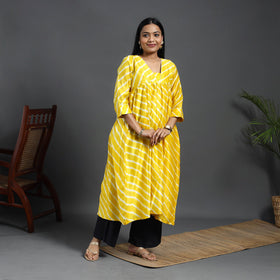  Yellow Chanderi Silk Tie-Dye Flared Leheriya Kurta for Women