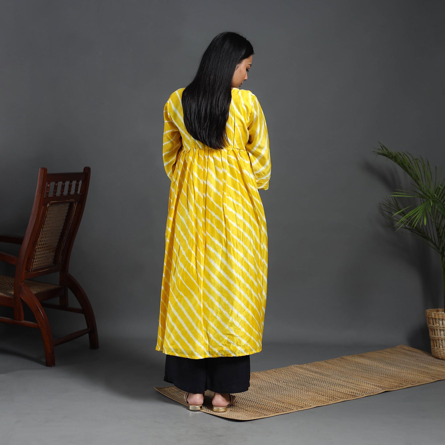 Yellow Chanderi Silk Tie-Dye Flared Leheriya Kurta for Women