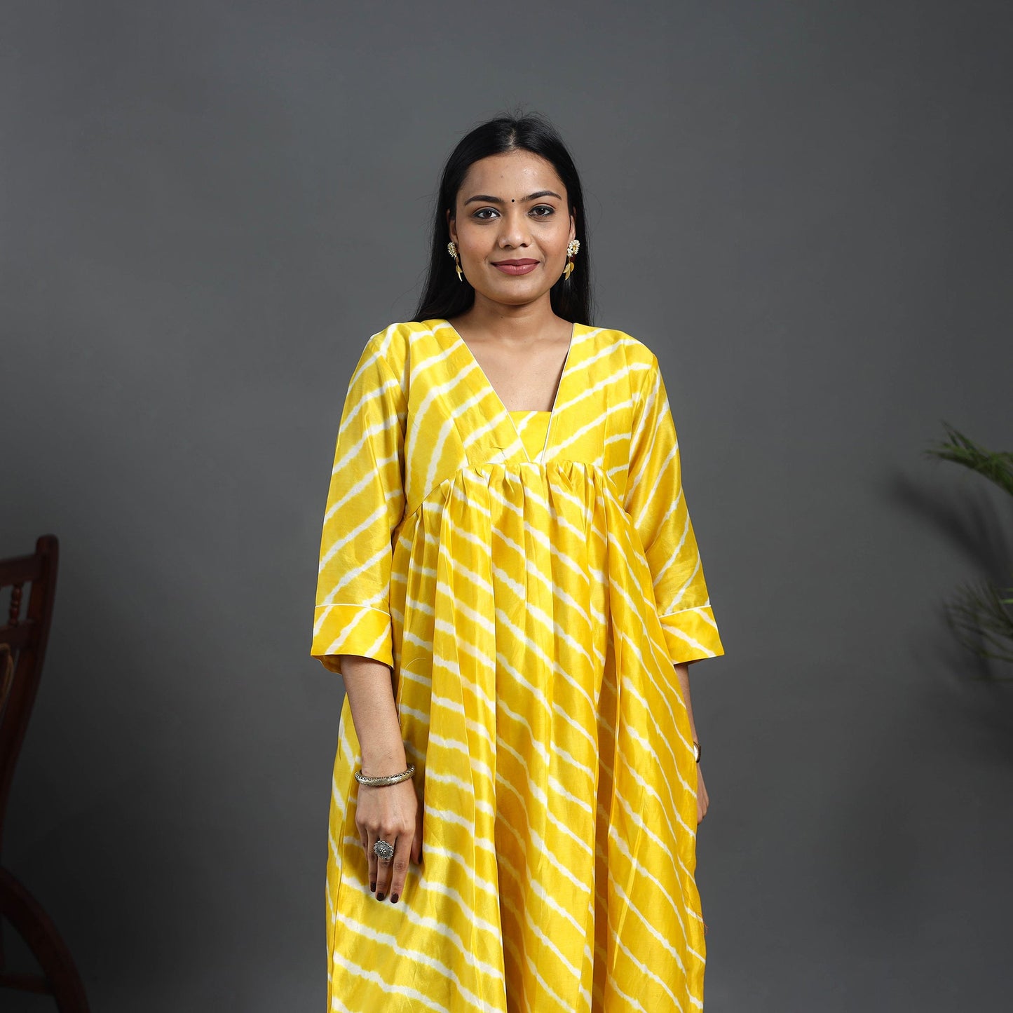  Yellow Chanderi Silk Tie-Dye Flared Leheriya Kurta for Women