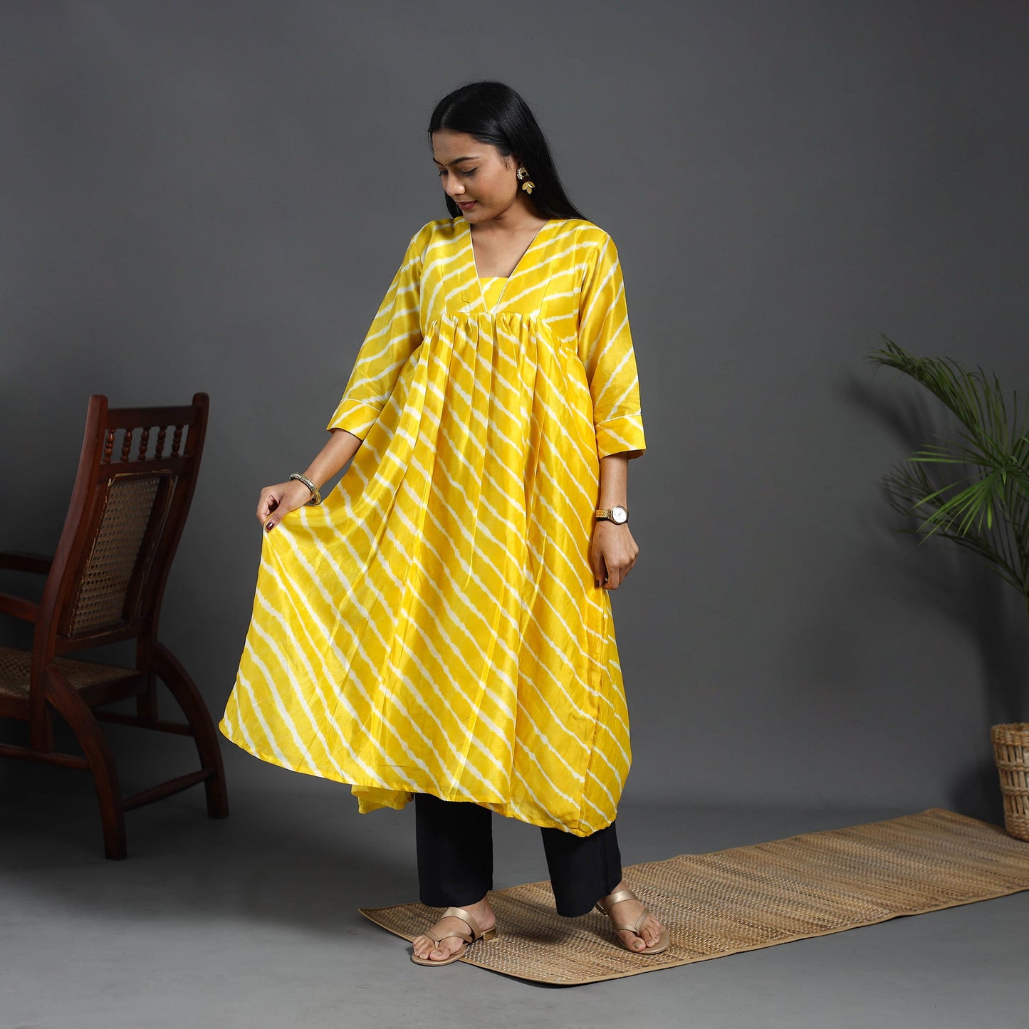  Yellow Chanderi Silk Tie-Dye Flared Leheriya Kurta for Women