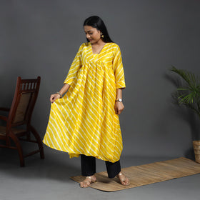  Yellow Chanderi Silk Tie-Dye Flared Leheriya Kurta for Women