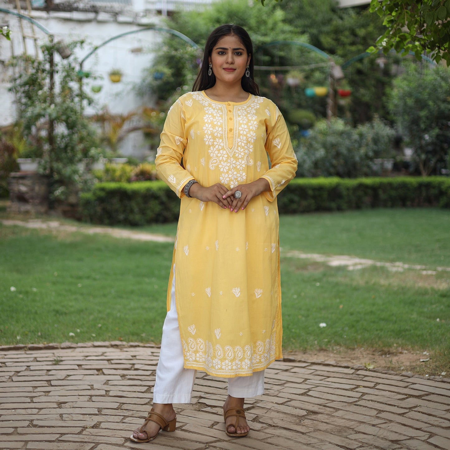 Buy Chikankari Hand Embroidered Cotton Long Kurta for Women