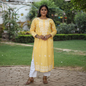 Buy Chikankari Hand Embroidered Cotton Long Kurta for Women