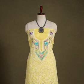 Yellow Chikankari with Parsi Style Embroidery Cotton Kurta Material