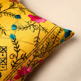 Buy Yellow Chinon Phulkari Embroidered Cushion Cover