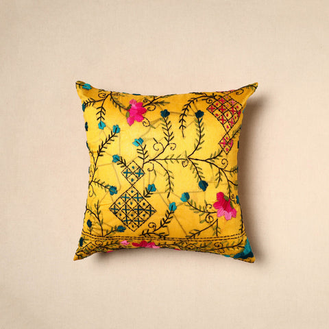 Buy Yellow Chinon Phulkari Embroidered Cushion Cover