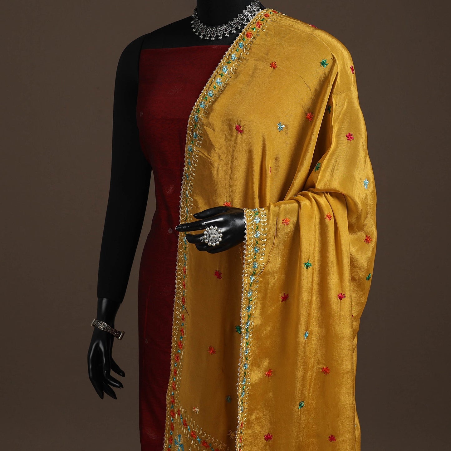 Chinon silk hand embroidered phulkari dupatta 05