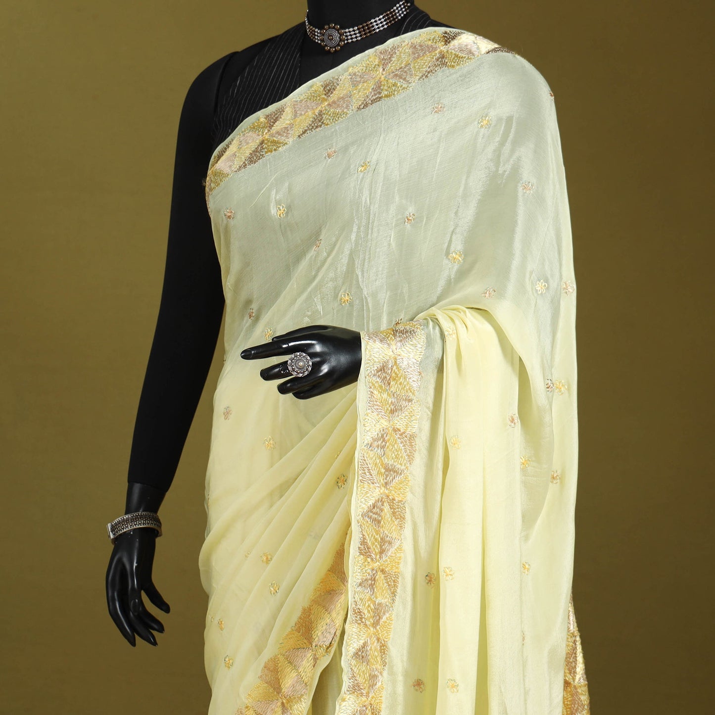 Yellow - chinon silk hand embroidery phulkari saree 18