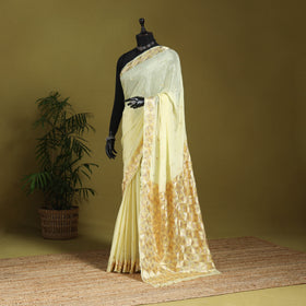 Yellow - chinon silk hand embroidery phulkari saree 18